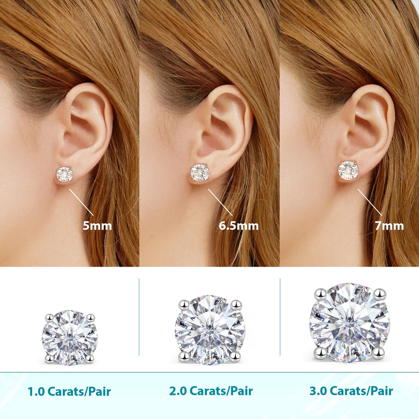 Moissanite Earrings Studs 1ct-3ct for Women/Men, 925 Sterling Silver with 18K White Gold Plated Hypoallergenic Flat Back Birthday Gifts for Women Girlfriend Wife Engagement VVS1 Lab Created Jewelry