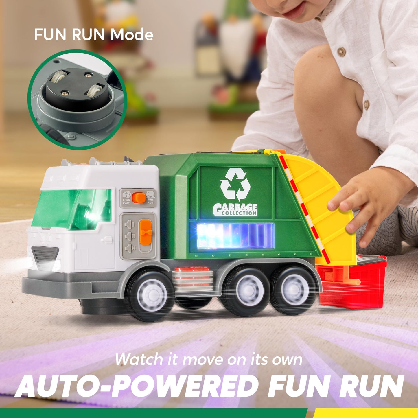 LED Garbage Truck Toy Set Includes Dumpster, Toy Truck with Mode Switch & Volume Control, Trash Vehicle with Lights and Sounds, Automatic Bump & Go Car