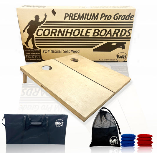 Bash Brands Regulation Solid Wood Cornhole Boards 2'x4' -Choose Between Commercial Grade No Bounce (Cherry Color, NO BAGS) or Premium Grade (Natural and includes 8 Cornhole Bags and Carrying Bag)