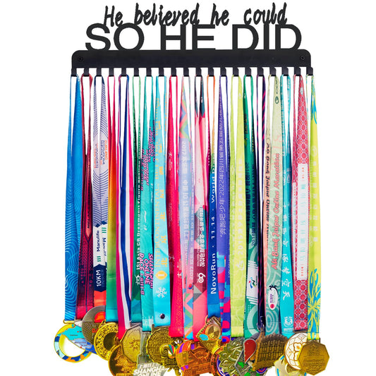 Goutoports Medal Holder Display Hanger - He Believed He Could He Did - Personalized Medal Wall Hanger for Sport Race Runner Sturdy Black Steel Metal Over 60 Medals Easy to Install
