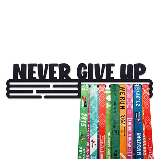 Sports Medal Hanger Display Race NEVER GIVE UP | Black Race Medal Holder Awards Wall Mount | Running Marathon Race Medal Display for Wall | Steel medal holder for wall holds up to 48 Medals
