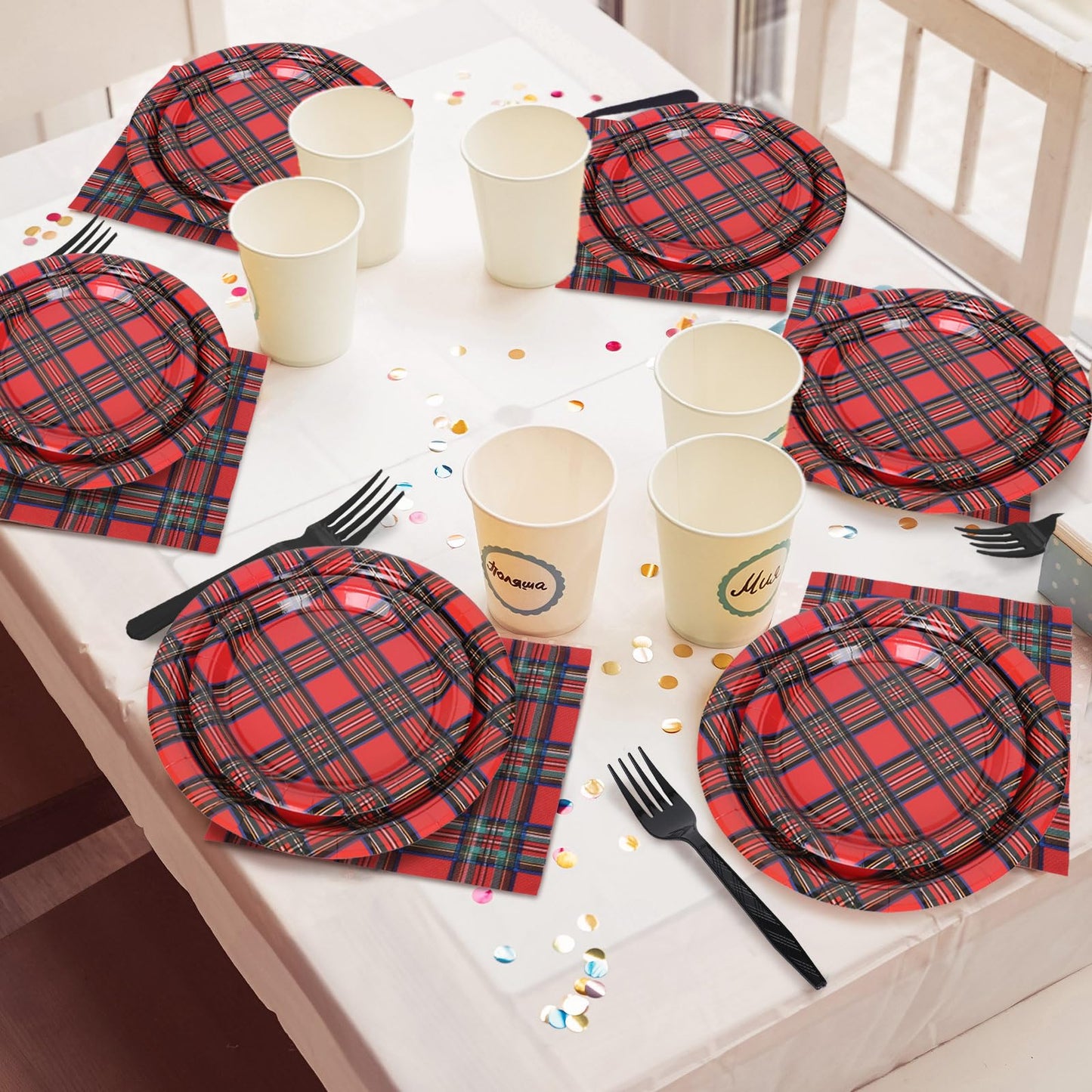 Whaline 96Pcs Christmas Plaid Paper Tableware Set Red Xmas Checkered Party Supplies Gingham Disposable Plates Napkins and Forks for 24 Guest Holiday Birthday New Year Party