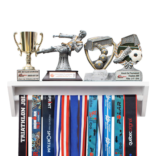 Paisa Home - Medal Hanger & Trophy Shelf- Use as a Medal Display with Shelf, Trophy Rack, Medal Holder and Medal Display Hanger, Race Medal Display and Medal Hanger with Shelf… (White)