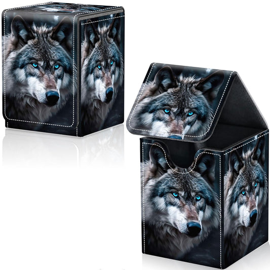 Qindaiwen Card Deck Box for Trading Cards, MTG Deck Box Fits 100+ Single Sleeved Cards, PU Leather Strong Magnet Card Deck Case Holder for Magic Commander TCG CCG, Wolf's Gaze