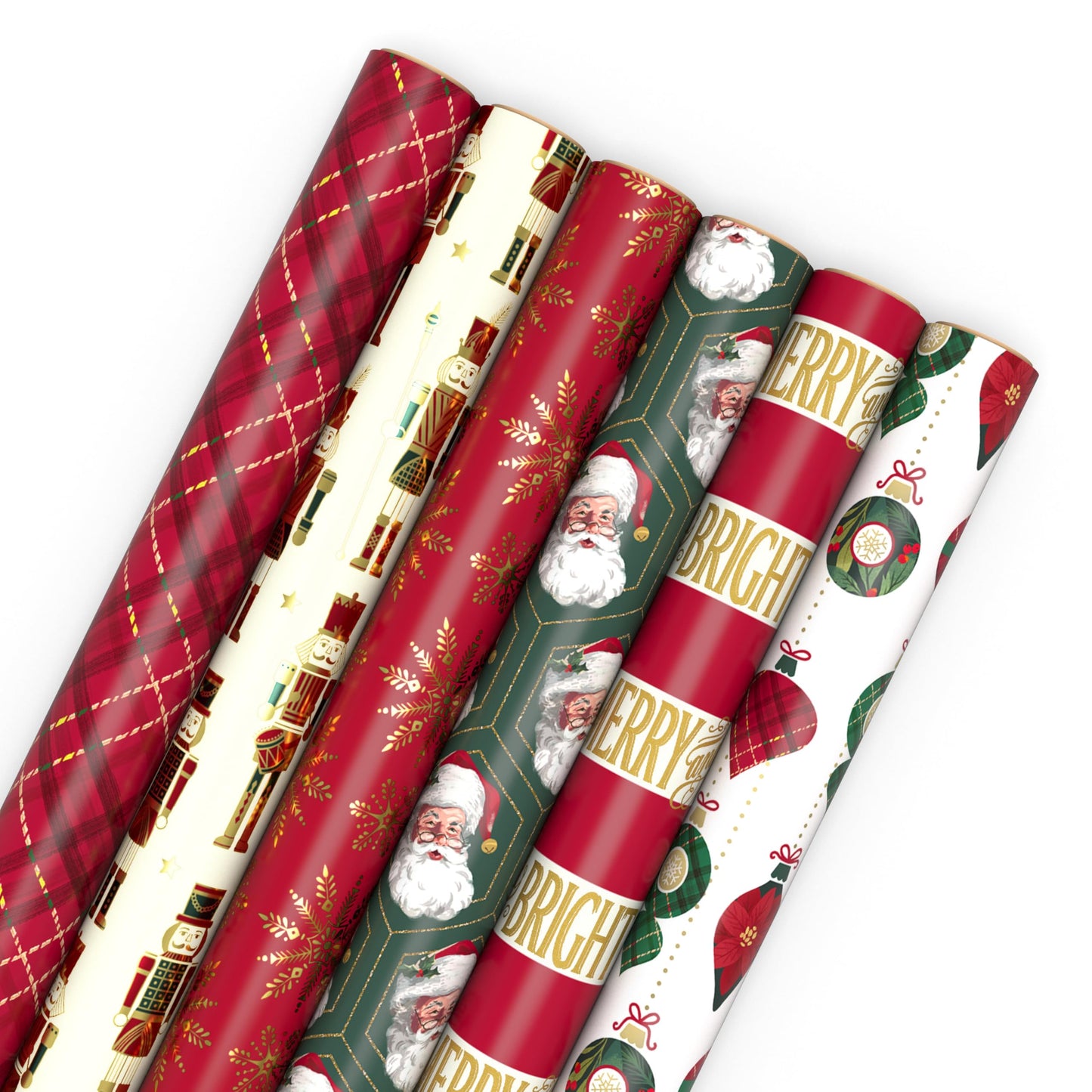 Hallmark Christmas Wrapping Paper Rolls with Cutlines on Reverse (6 Rolls: 150 Sq. Ft. Total) Santa Claus, Nutcrackers, Plaid, Snowflakes, Ornaments