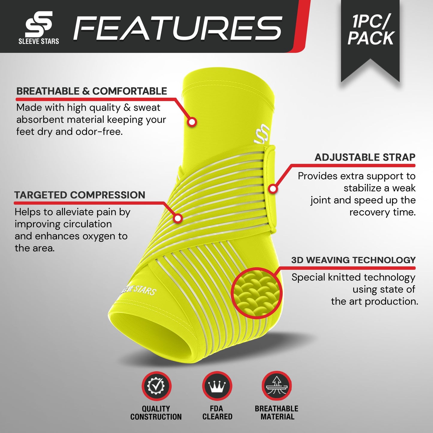 Sleeve Stars Ankle Support for Ligament Damage & Sprained Ankle, Plantar Fasciitis Support & Achilles Tendonitis Pain Relief, Ankle Brace for Women & Men w/Compression Ankle Strap (Single/Neon Green)