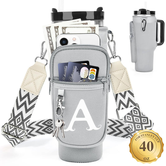 Initial Water Bottle Holder with Strap for Stanley 40 oz Tumbler, for Simple Modern 40 oz Tumbler, Graduation Gift with Phone Pocket, Carabiner, Personalized Gift for Stanley Cup Accessories Gray A