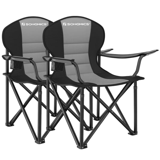 SONGMICS Folding Camping Chair Set of 2, Supports 551 lb per Chair, with Comfortable Sponge Seat, Heavy Duty Structure, Cup Holder, Outdoor Picnic Chair, Grey and Black UGCB206G01