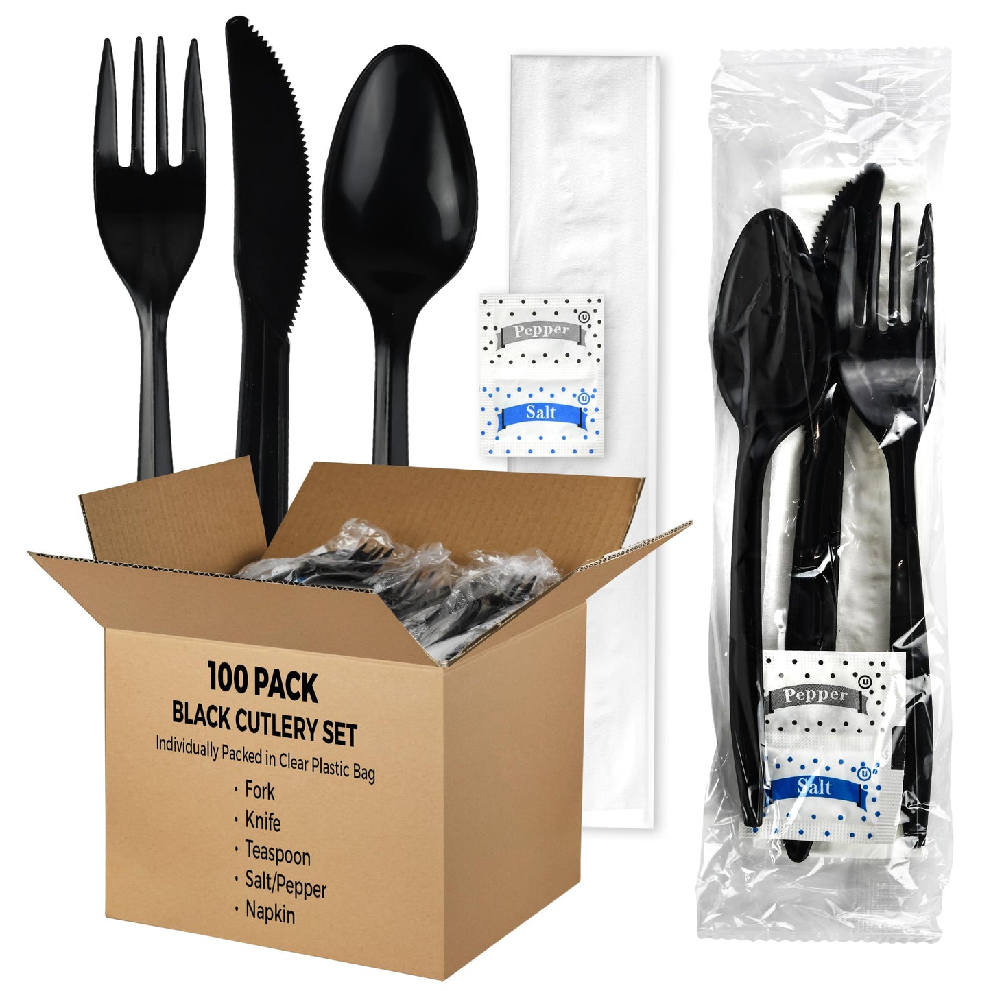 KitchenDine 100 Pack Medium Weight Wrapped Black Plastic Cutlery Pack with Napkin and Salt/Pepper Packets (Black)