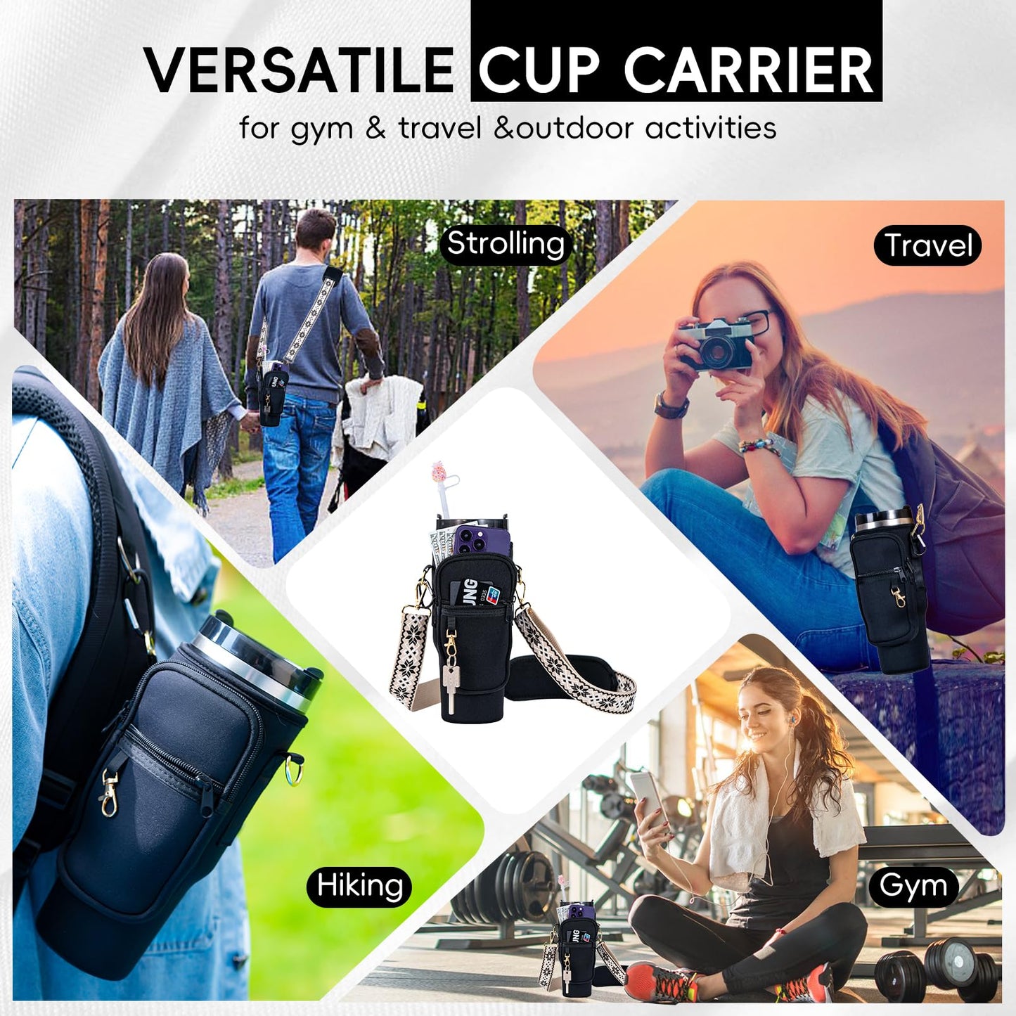 SWANSWIFT Upgraded Stanley Cup Carrier Bag Accessories for 30oz/40oz with Phone Pocket Tumbler Water Bottle Holder with Adjustable Strap with 2 Straw Covers &1 Carabiner (Black)
