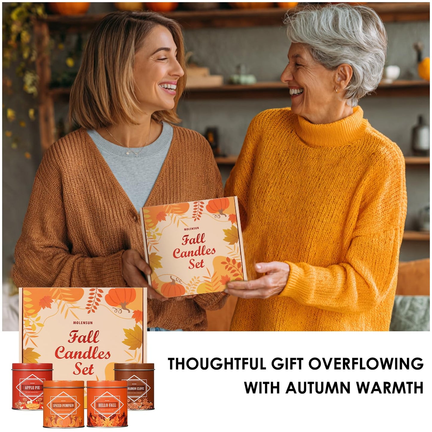 Fall Scented Candles Gift Set – 4 Pack of 9Oz Soy Candles, Autumn Fragrances (Pumpkin Spice, Apple Pie, Hello Fall, Cinnamon Clove), Holiday Gifts for Women & Men