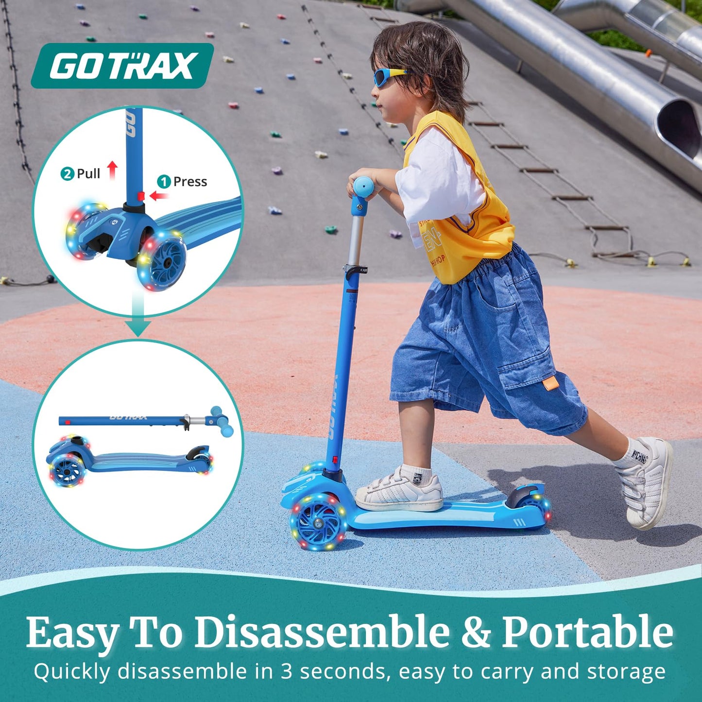 Gotrax KS1 Kids Kick Scooter, LED Lighted Wheels and 3 Adjustable Height Handlebars, Lean-to-Steer & Widen Anti-Slip Deck, 3 Wheel Scooter for Boys & Girls Ages 2-8 and up to 100 Lbs