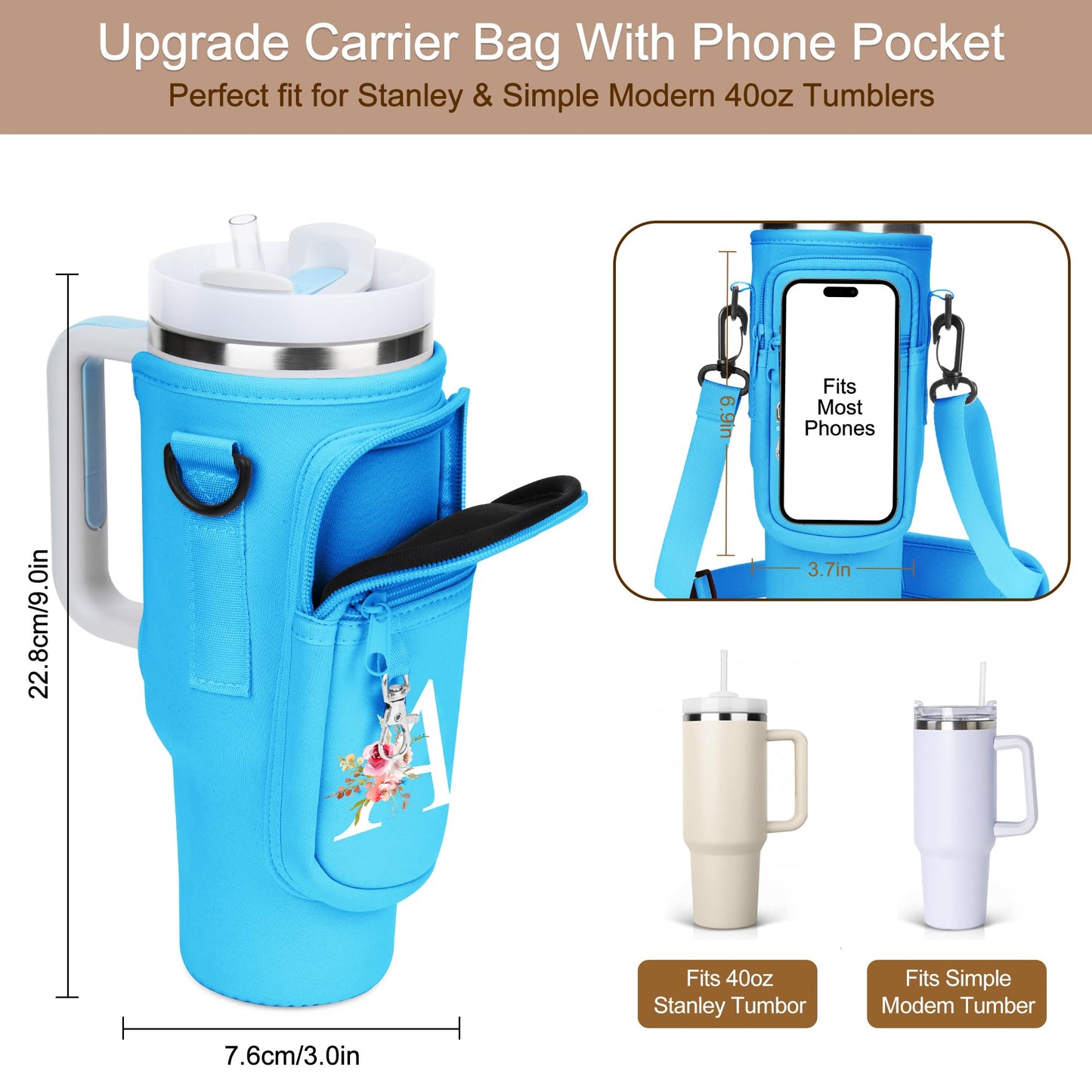 Initial Water Bottle Holder with Strap for Stanley 40 oz Tumbler/Simple Modern 40 oz Tumbler,Water Bottle Carrier Bag with Strap,Personalized A-Z Phone Pocket for Stanley Cup Accessories