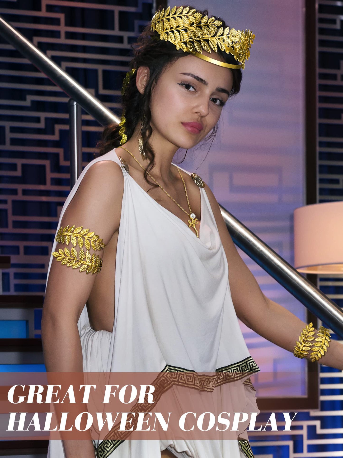 Xinnun 9 Pcs Greek Goddess Costume Accessories Toga Belt Leaves Crown Bracelet Headpiece Earrings Necklace for Women Bridal(Classic)