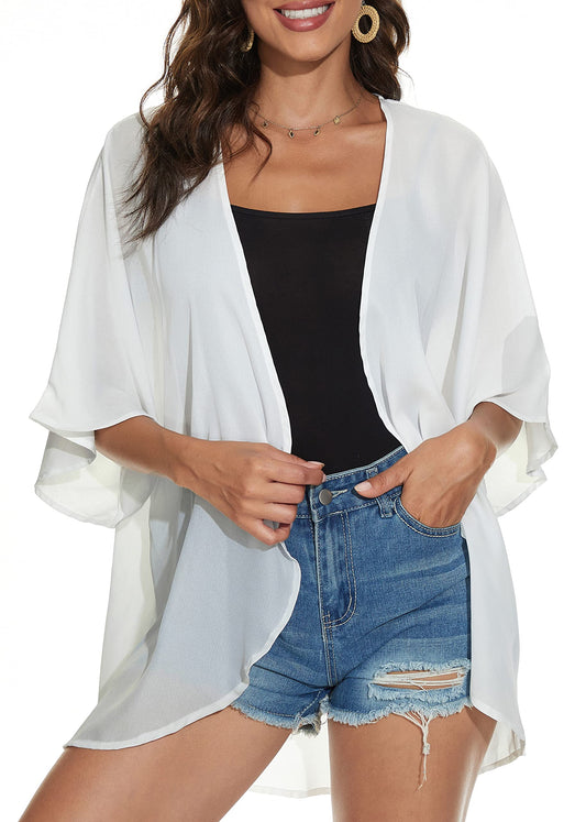 Women Summer Tops Kimono Cardigans Sheer Beach Cover Ups Chiffon Open Front Shirts （White,S