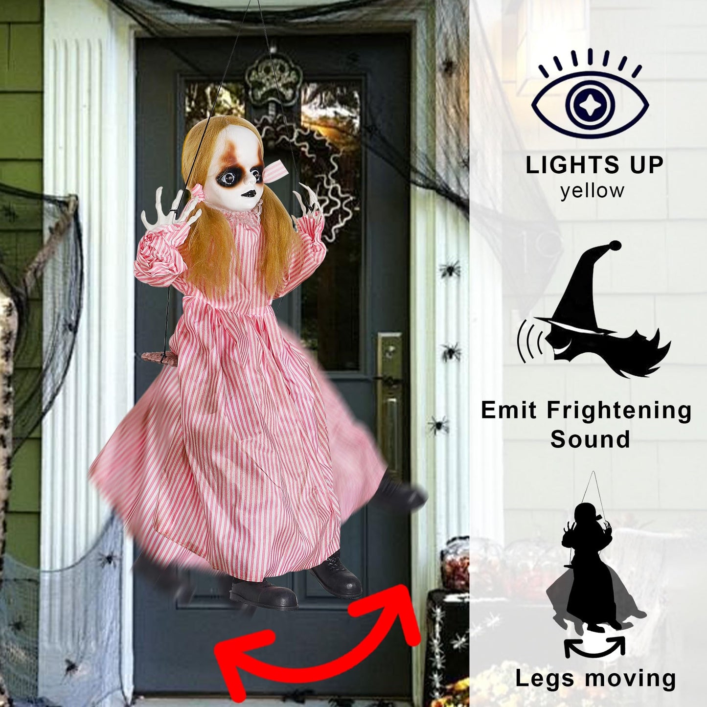 Treewoll Halloween Hanging Ghost Props, 2.6FT H Life-Sized Voice-Activated Pink Skirt Girl Sitting on Swing with Lighted Eyes & Kicking Legs & Eerie Sound for Haunted House Trees Spooky Party Decor