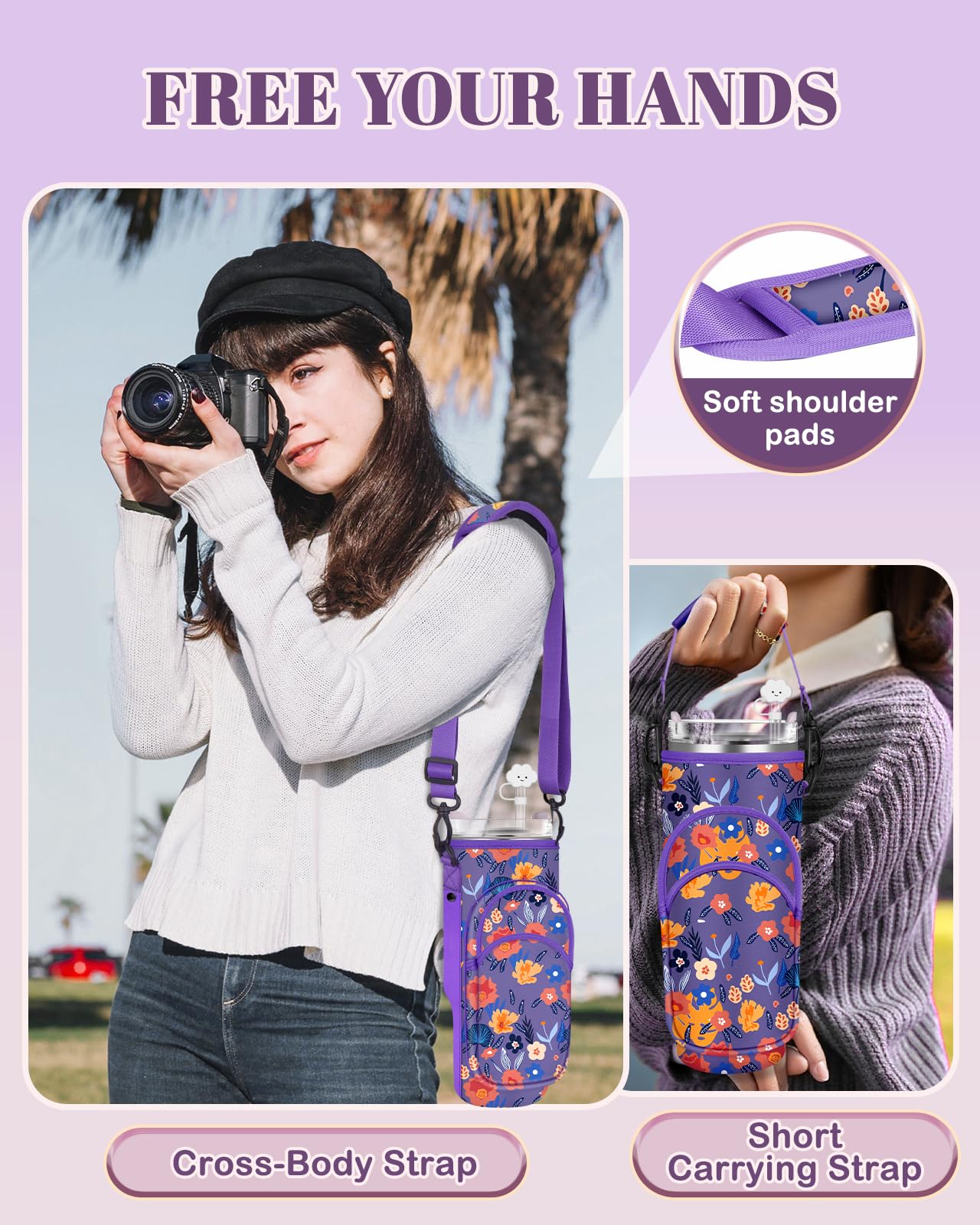 Toykee Water Bottle Holder Carrier Bag for Stanley 40 OZ Tumbler with Strap Phone Pocket, Purple Wrap Around Drink Cup Purse Pouch with Straw Cover Cleaner Brush Accessories Flower Print