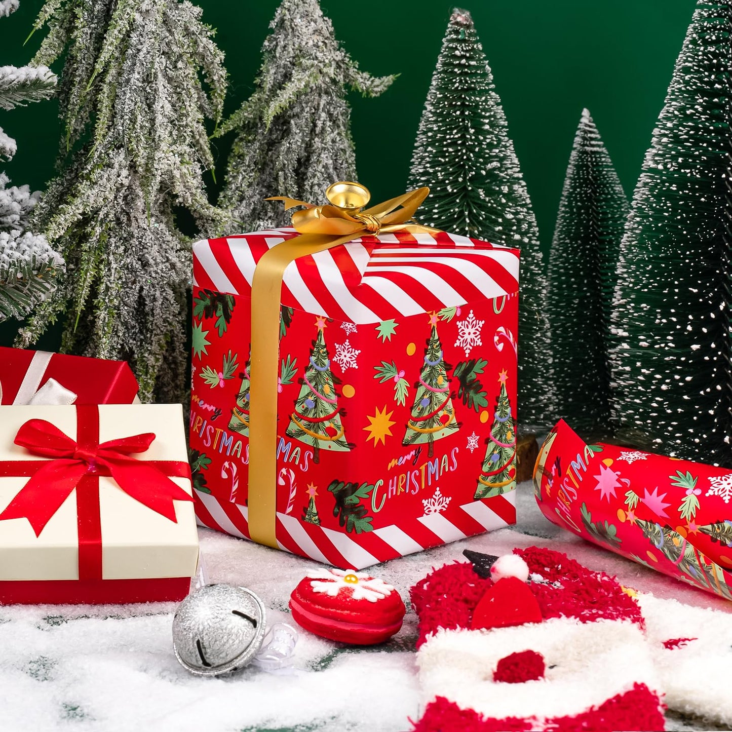 WRAPAHOLIC 30 Inch Jumbo Reversible Christmas Wrapping Paper - 30 Inch x 33 Feet - Red Christmas Tree Wrapping Paper and Stripe Design for Holiday, Party Celebration