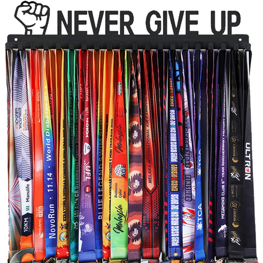 Goutoports Medal Hanger Display Rack - Never Give Up Sports Award Ribbon Hanger with 20 Hooks Hold Up 60 Medals - Durable Metal Holder for Running Showcase and Protect Your Medals in Style
