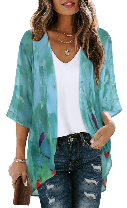 Womens Short Cardigans Casual Oversized Open Front Kimono Tops Bathings Suit Cover-ups (Teal Blue Print, S)