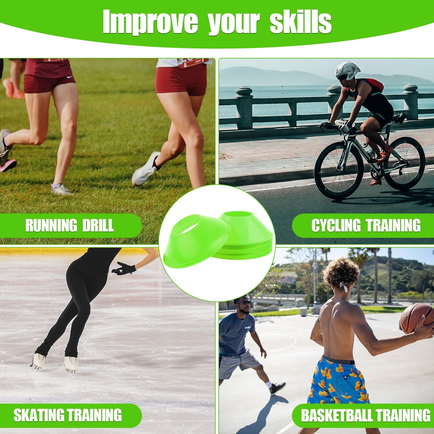 XIHIRCD 25pcs Soccer Cones for Sports Training, Mini Football Cones with Mesh Bag, Flexible Agility Practice Cones Drills Training Plastic Cones for Basketball Running Sports Games Kids Skating(Green)