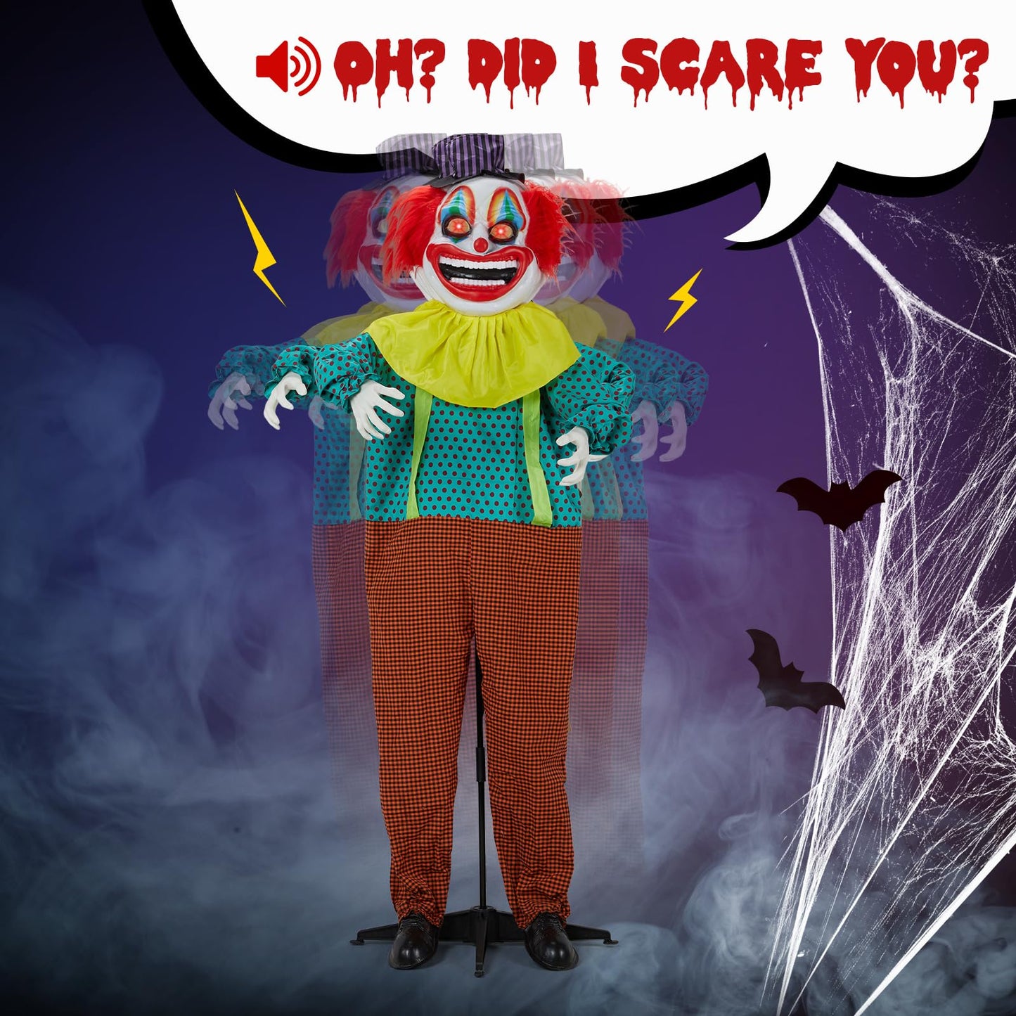 Holidayana Halloween Animatronics Creepy Clown，6FT Halloween Decor Animatronics Talking Outdoor Decorations with Voice Control Light Up Eyes Movable Arms for Indoor Party Prop and Outdoor Lawn Pa