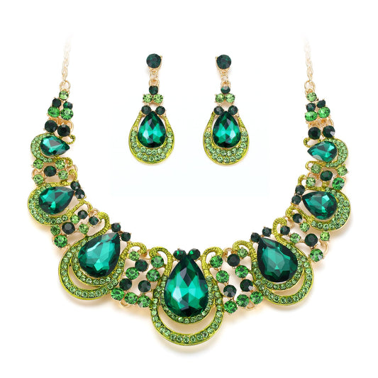 BriLove Costume Fashion Large Big Jewelry Set for Women Crystal Teardrop Hollow Scroll Statement Necklace Dangle Earrings Emerald Color Gold-Toned