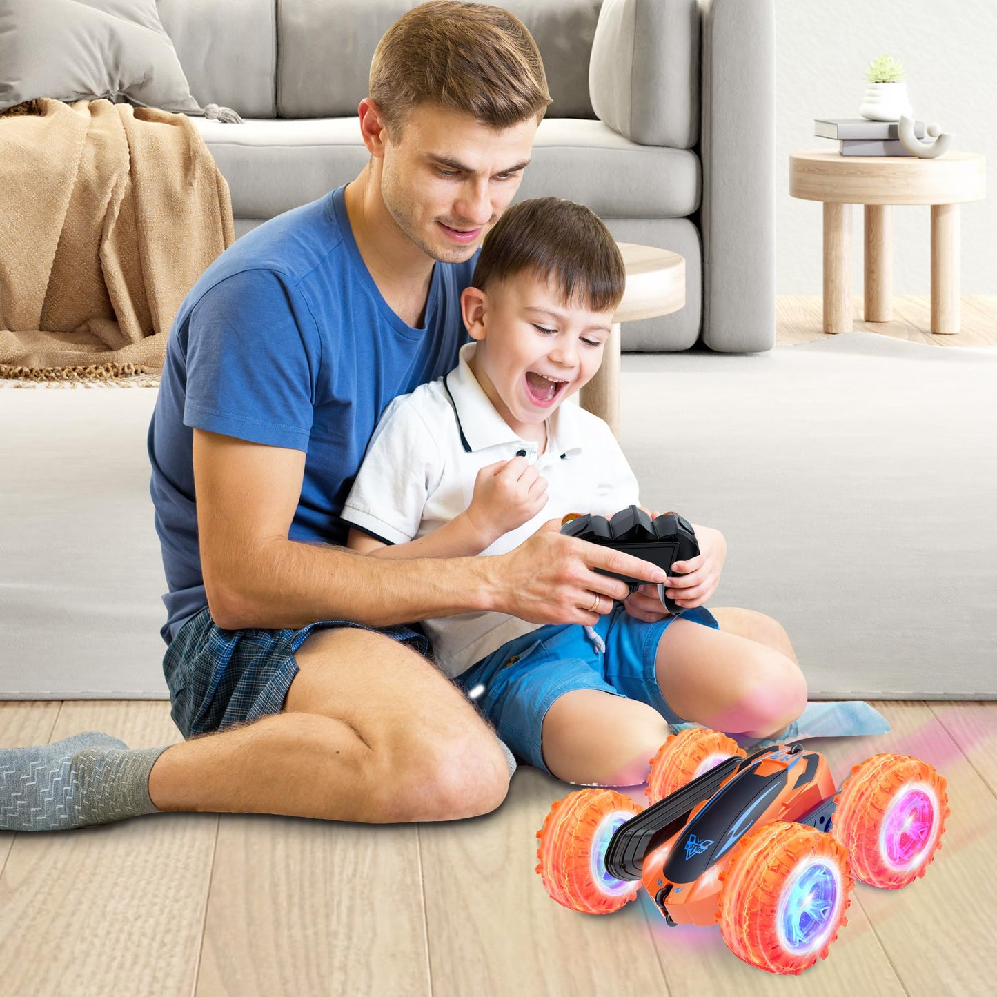 Remote Control Car, 2.4GHz Electric Race Stunt Car, Double Sided 360° Rolling Rotating Rotation, LED Headlights RC 4WD High Speed Off Road Gift for 3 4 5 6 7 8-12 Year Old Boy Toys (Orange)