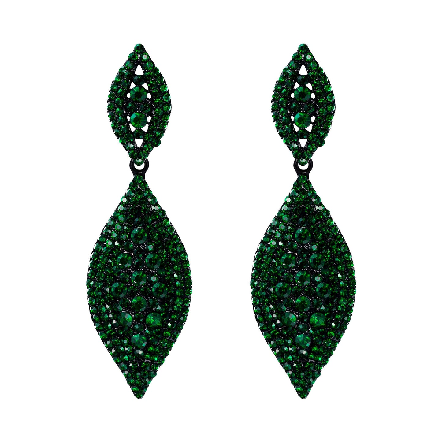 Flyonce Women's Rhinestone Crystal Wedding Bridal 2 Leaf Drop Dangle Chandelier Earrings Large Big Costume Statement Earring Green Black-Tone 3.3"