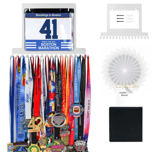 Lapetale Fashion BIB White Medal Hanger Holder Display Wall Rack Frame Shelf-Medal Hanger Awards Ribbon Cheer,Gymnastics,Soccer,Softball Holder Display Custom Rack for Sports Medals Easy to Install
