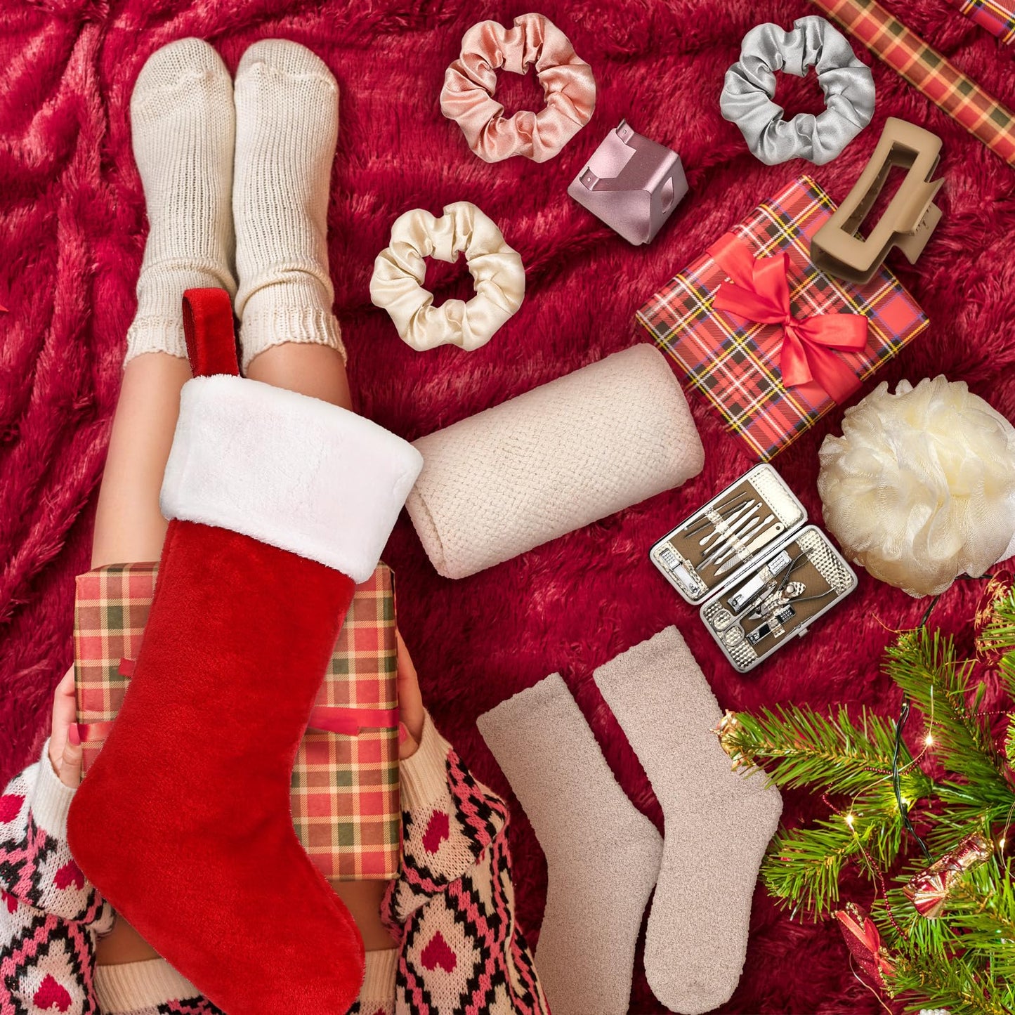 10 Pcs Christmas Stocking Stuffer for Women Include 18 Inch Xmas Stocking Hair Towel Wrap Bath Sponges Nail Clippers Kit Hair Claw Clip Scrunchies Socks Phone Stand for Xmas Gift Ideas