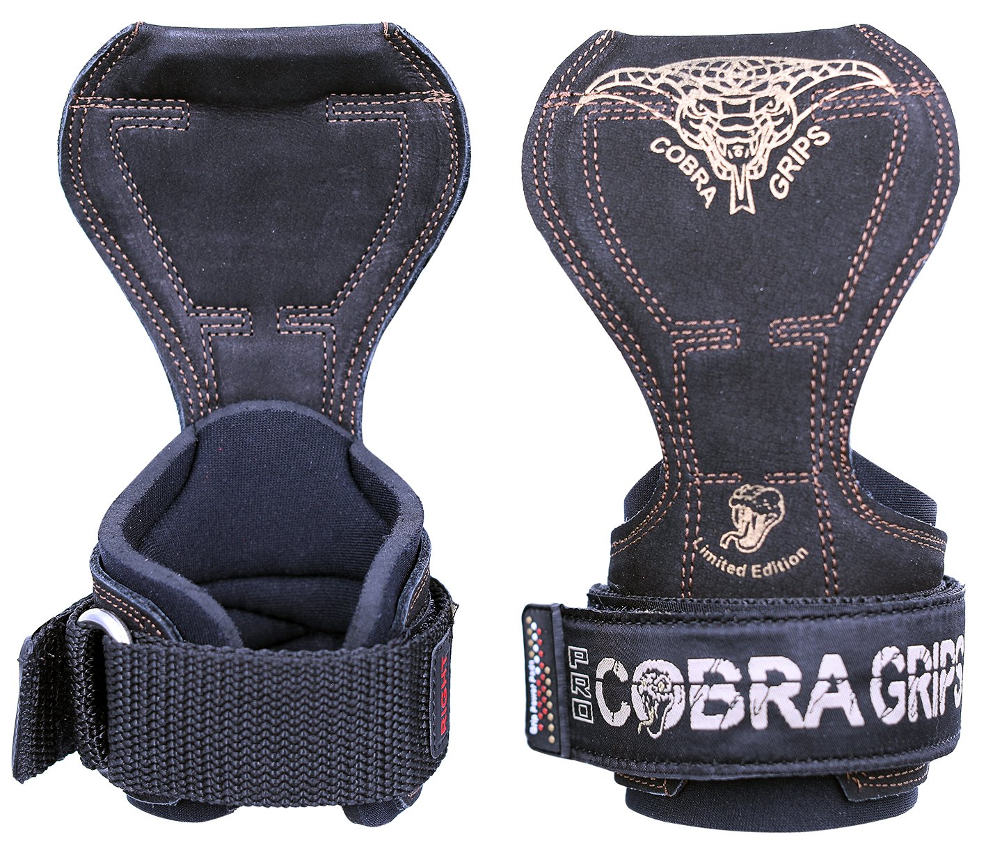 Cobra Grips PRO Weight Lifting Gloves Heavy Duty Straps Alternative to Power Lifting Hooks for Deadlifts with Built in Adjustable Neoprene Padded Wrist Wrap Support Bodybuilding (PRO Black Leather)