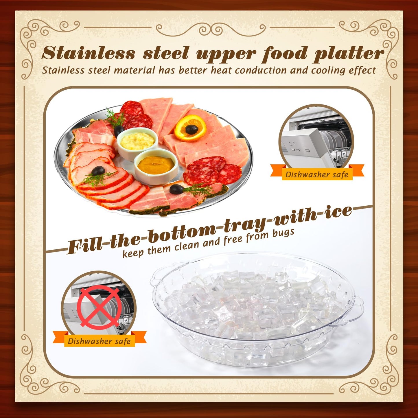 Baderke 3 Set 11.8" Chilled Serving Tray for Parties with Compartments Ice Chilled Party Platter Charcuterie Serving Board Cold Dish Dip for Fruit Seafood Vegetable Shrimp Cocktail (Natural)