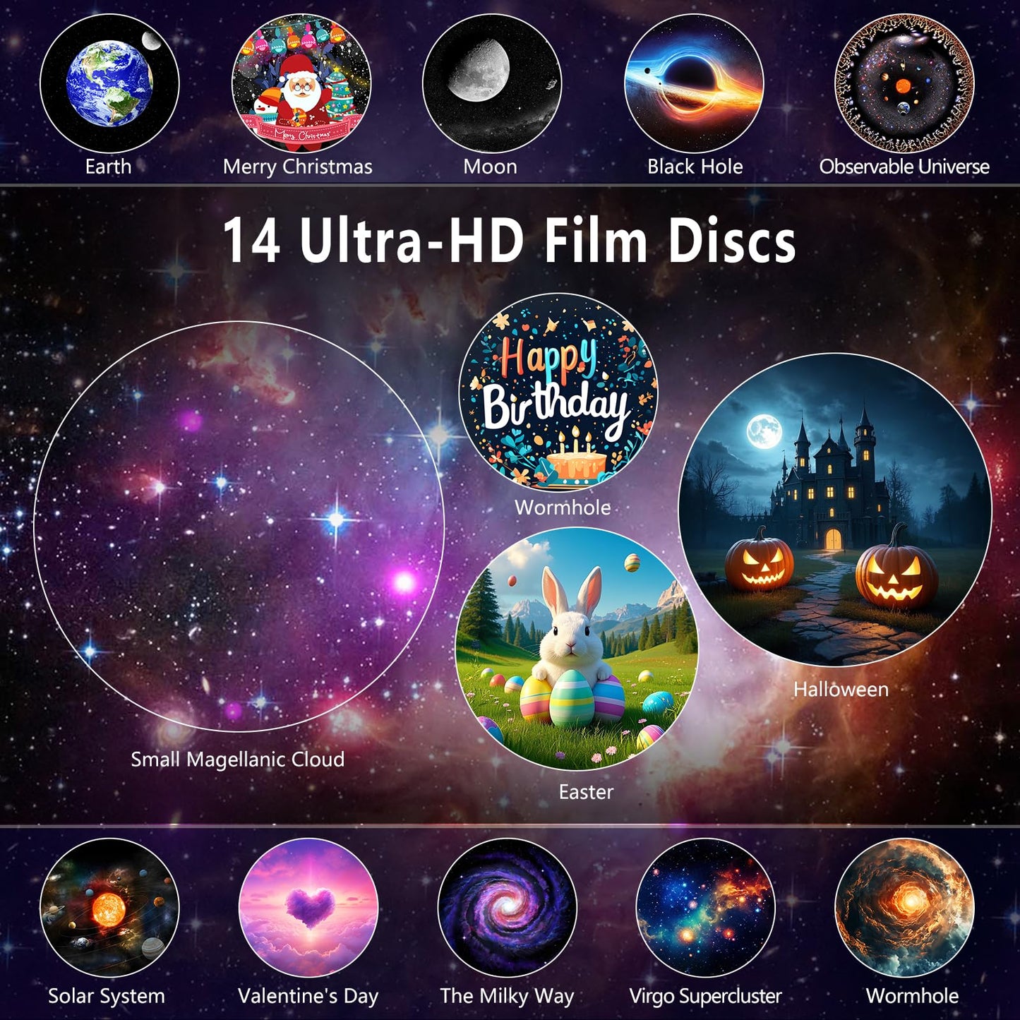 Upgrade Galaxy Projector for Bedroom, Home Planetarium Projector Lamp,LED Space Galaxy Lamp, Room Decor for Kids Adults with 14 Planet Discs, Moon/Halloween/Birthdays Light Star Projector with Timer