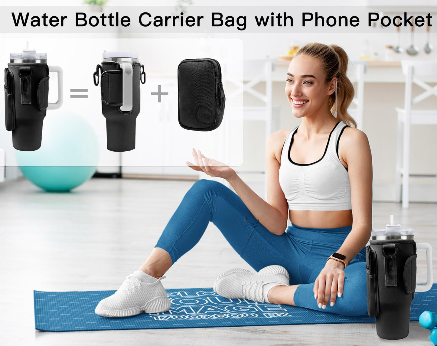Aganmi Water Bottle Sling Bag with Phone Pocket for Stanley 40oz Tumbler Cup Accessories,Chenille Letter Water Bottle Holder Pouch with Adjustable Shoulder Strap for Outdoor Activities(Black S)