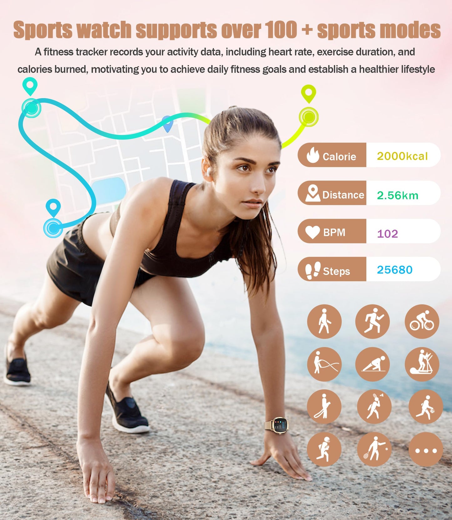 GLPYR Women's 2pc Band Sports Watch/Smart Watch 1.72" Fitness Tracker with Heart Rate Monitor, 100+ Sports Modes, Sleep Tracking, 7-Day Battery, IP68 Waterproof (Gold)