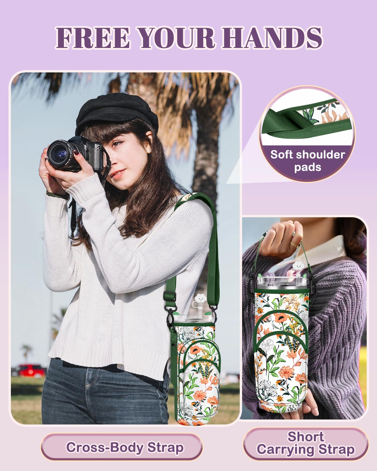 Toykee Water Bottle Holder Carrier Bag for Stanley 40 OZ Tumbler with Strap Phone Pocket, Green Wrap Around Drink Cup Purse Pouch with Straw Cover Cleaner Brush Accessories Flower Print