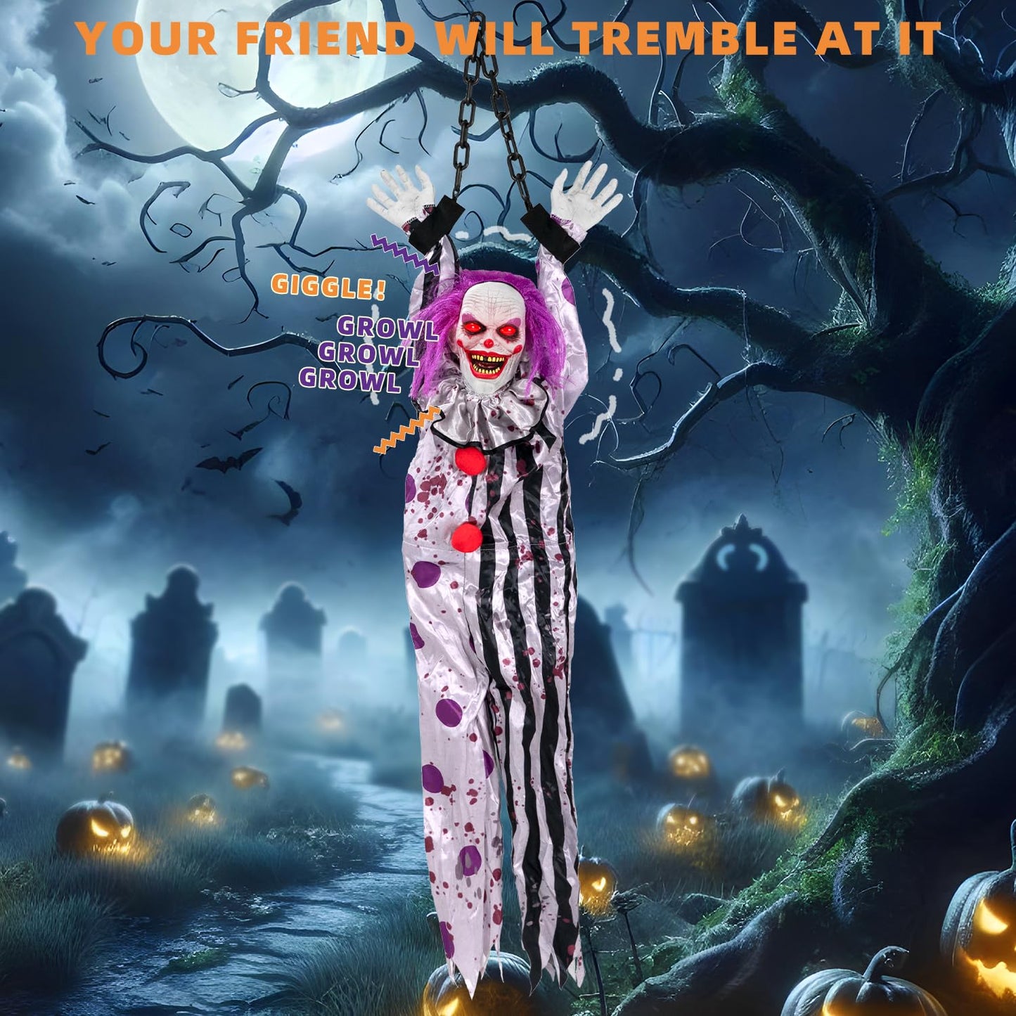 Kendane Halloween Decorations Outdoor and Indoor,Scary Halloween Animatronics Clown,Hanging Clown with Light-Up Eyes and Creepy Sound,Party Decorations for Yard Lawn,Haunted House Decor