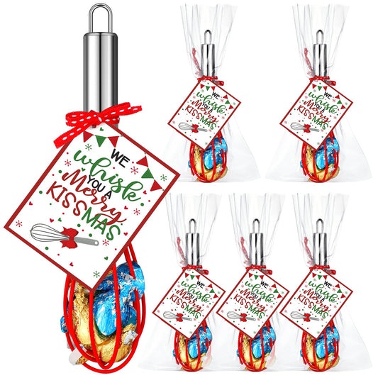Nuogo 6 Sets Christmas Whisk Baking Supplies Gifts Sets Includes Stainless Steel Whisk, Greeting Cards, Ribbons, Plastic Bags for Neighbor Employee Cooking Supplies Christmas Stocking Stuffers Ideas
