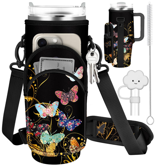 Toykee Water Bottle Holder Carrier Bag for Stanley 40 OZ Tumbler with Strap Phone Pocket, Wrap Around Drink Cup Purse Pouch with Straw Cover Cleaner Brush Accessories Colors Butterfly Print