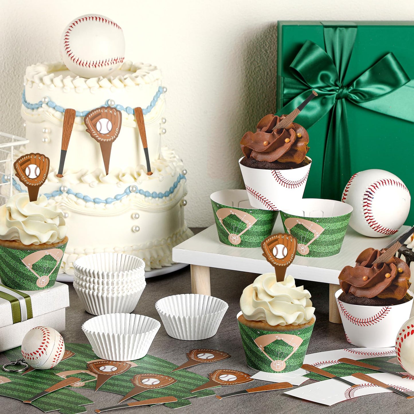 Geiserailie 100 Sets Baseball Cupcake Toppers and Wrappers Liners Baseball Party Decorations Sport Party Cake Supplies for Sport Themed Birthday Baby Shower Decorations Supplies