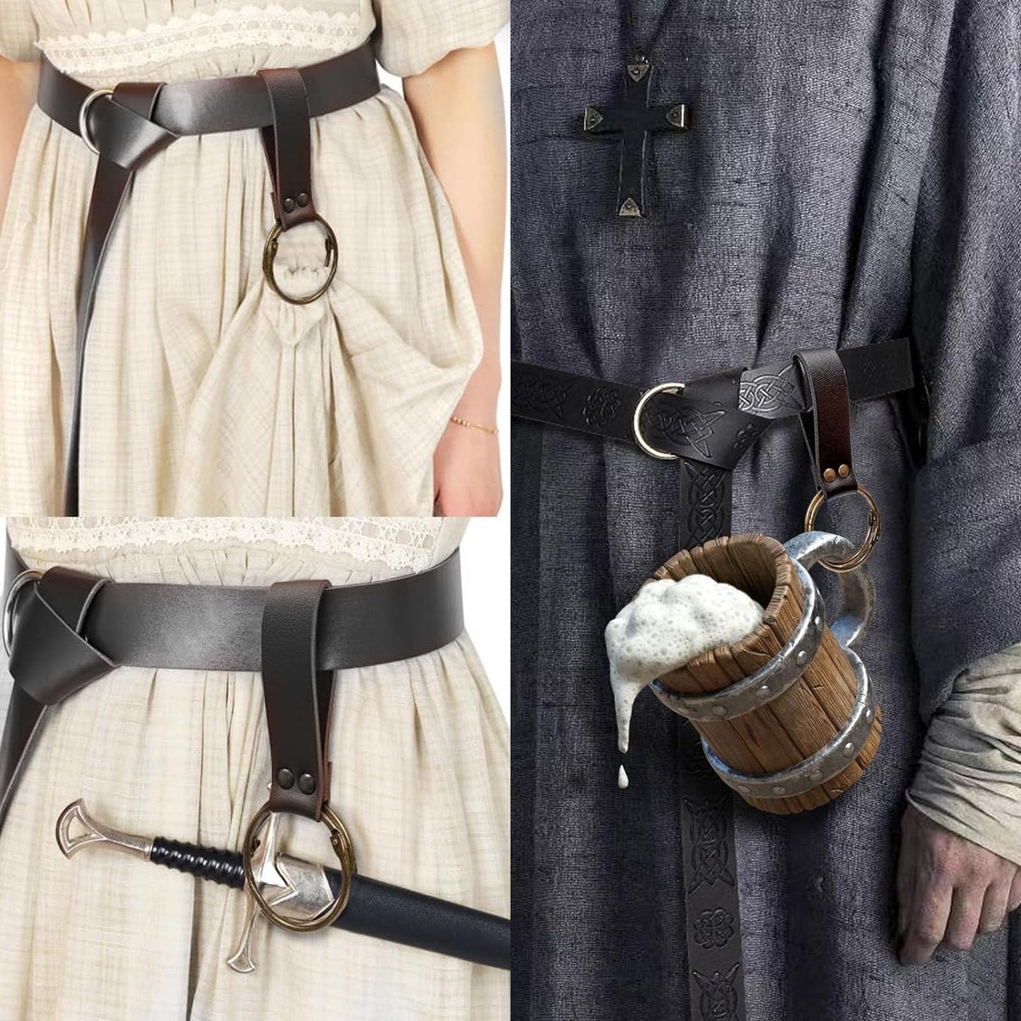 Renaissance Belt Pouch Purse Viking Bracer Hook Halloween Set Medieval Festival Costume Accessory Casual Fanny Pack Waist Bag (Dual-Black)