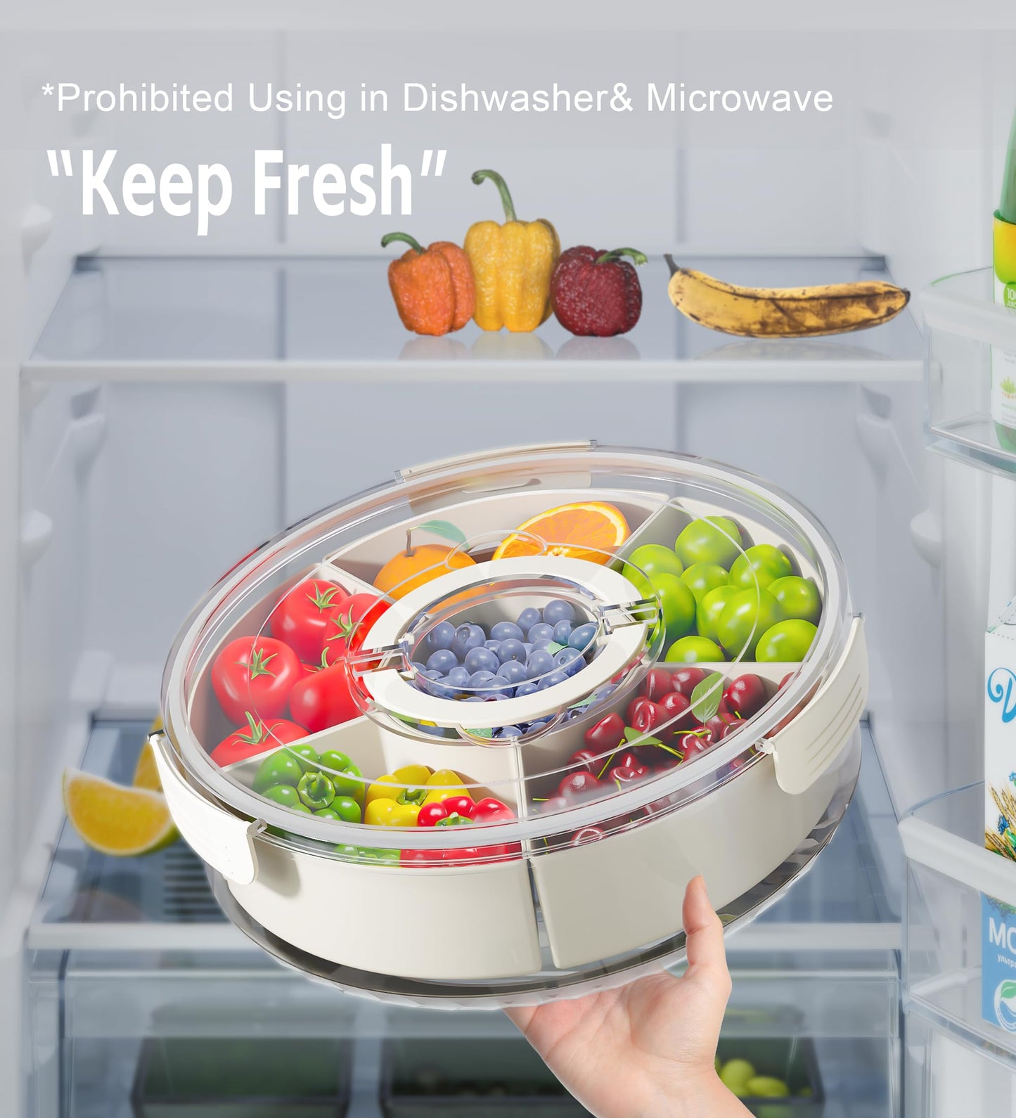 Divided Rotating Serving Tray with Lid and Handle, Portable Snackle Box for Fruits Snacks Veggie Charcuterie, Clear Lazy Susan Organizer and Fridge Storage Container for Adults Child (1PCS,12" L