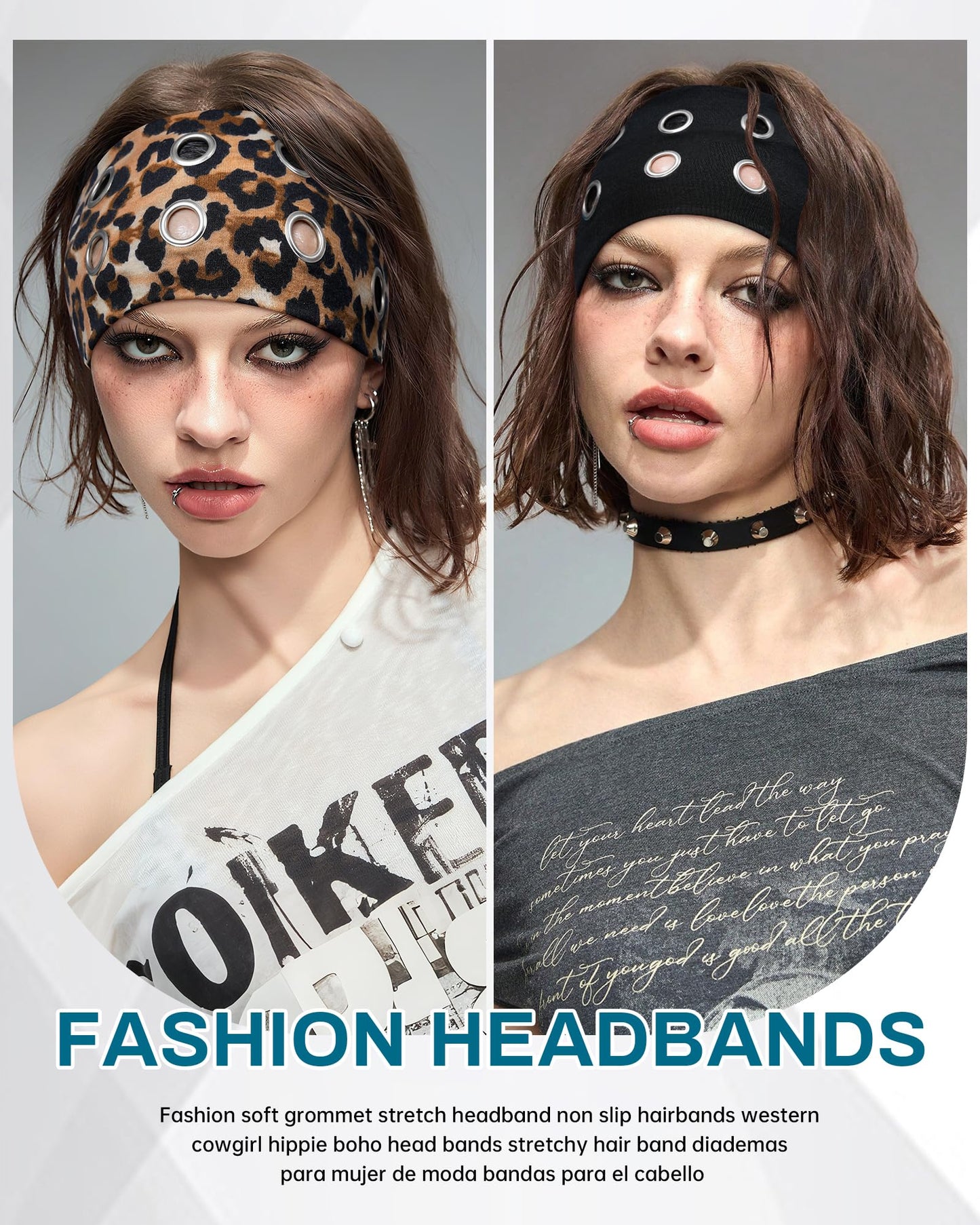 Mesovor 3 Pack Fashion Grommet Wide Headbands for Women, Hollow Out Eyelets Elastic Head Bands | Y2k Girls Punk Grunge Stretchy Hair Accessory (Black, Snakeskin, Leopard, 3.9" wide)