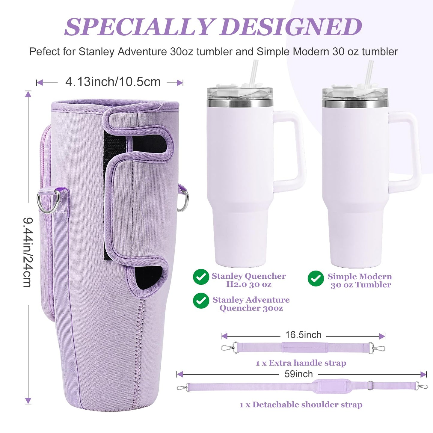 PRAGATISM Water Bottle Holder with Strap Pouch and Handle fits for Stanley 30 oz Tumbler, Water Bottle Carrier Bag with 4.9FT Strap, Bottle Pouch for Stanley Cup Accessories