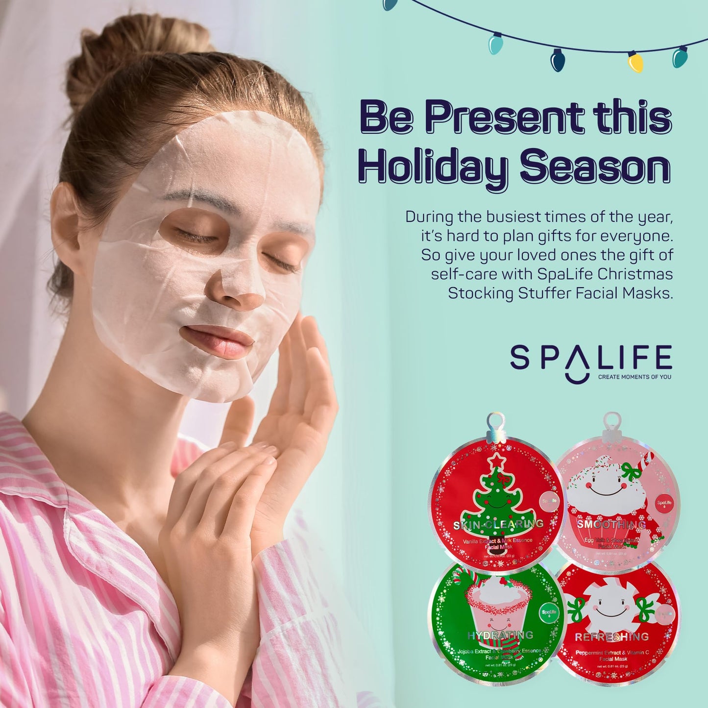 SpaLife Christmas Stocking Stuffer Facial Masks 12-Pack - Hydrating, Smoothing, and Refreshing Skin-Clearing Face Sheet Masks - Skincare Set for Moisturizing and Soothing Beauty