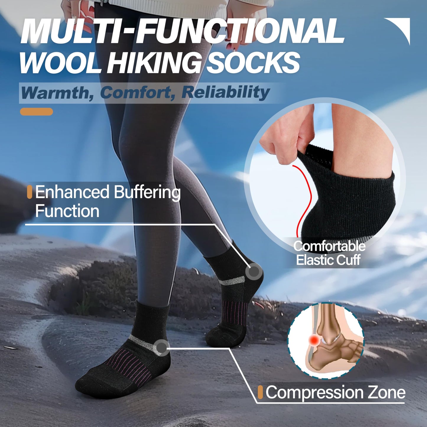 Anlisim Merino Wool Quarter Hiking Socks Compression Warm Thermal Winter Thick Cushion Running Moisture Wicking No Show Socks Gifts Stocking Stuffers for Women Men 6 Pairs(Black Mixed,L)