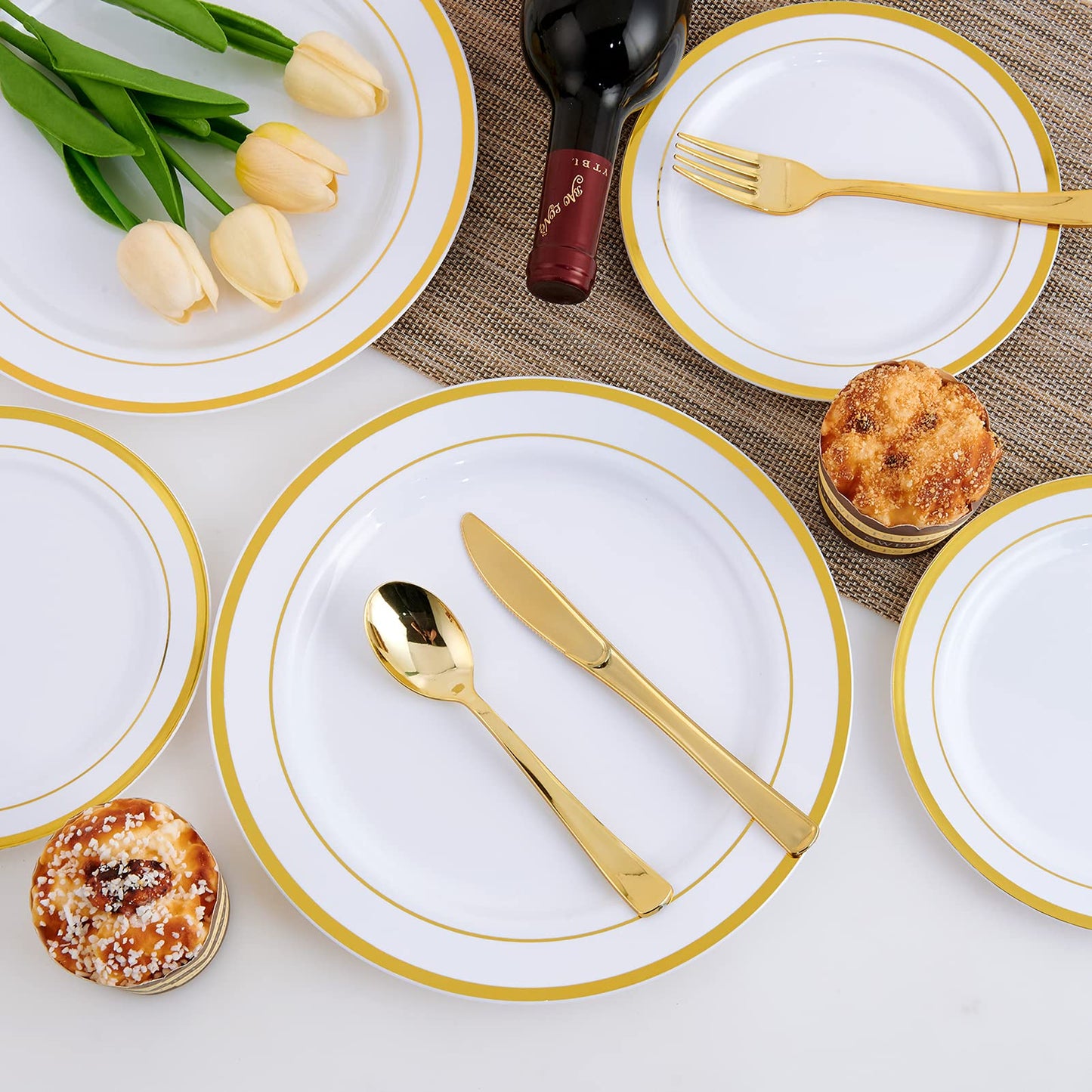 125 Count Gold Plastic Plates Include 25 Dinner Plates 25 Disposable Dessert & Gold Disposable Silverware, Plastic Dinnerware Set Providing for 25 Guests Suitable for Party Wedding