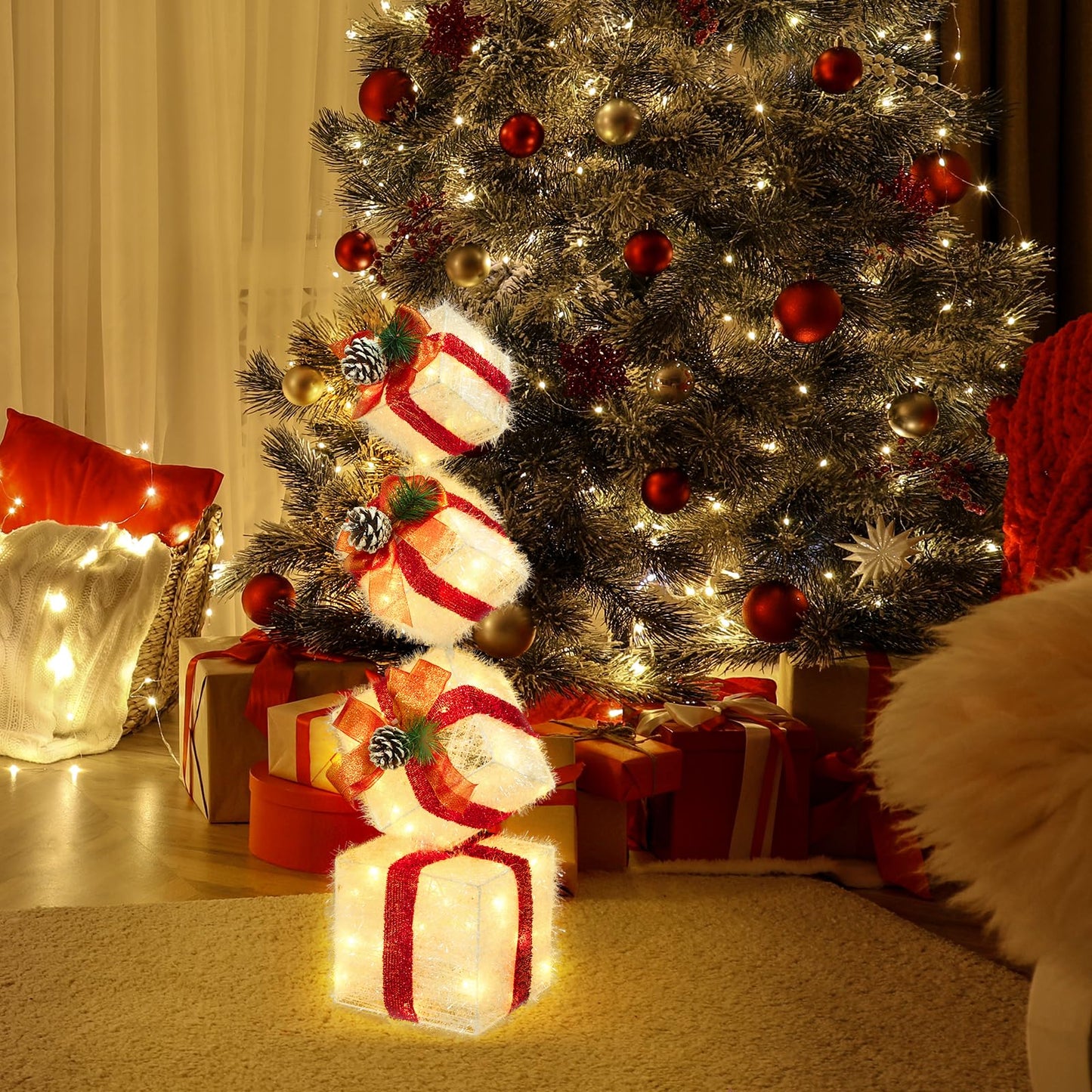 COVFEVER Christmas Lighted Gift Boxes Decorations Set of 4, 3.6Ft Stackable Christmas Nesting Boxes Battery Operated for Home and Party Decoration (10"-8"-6"-5", Red Bow)