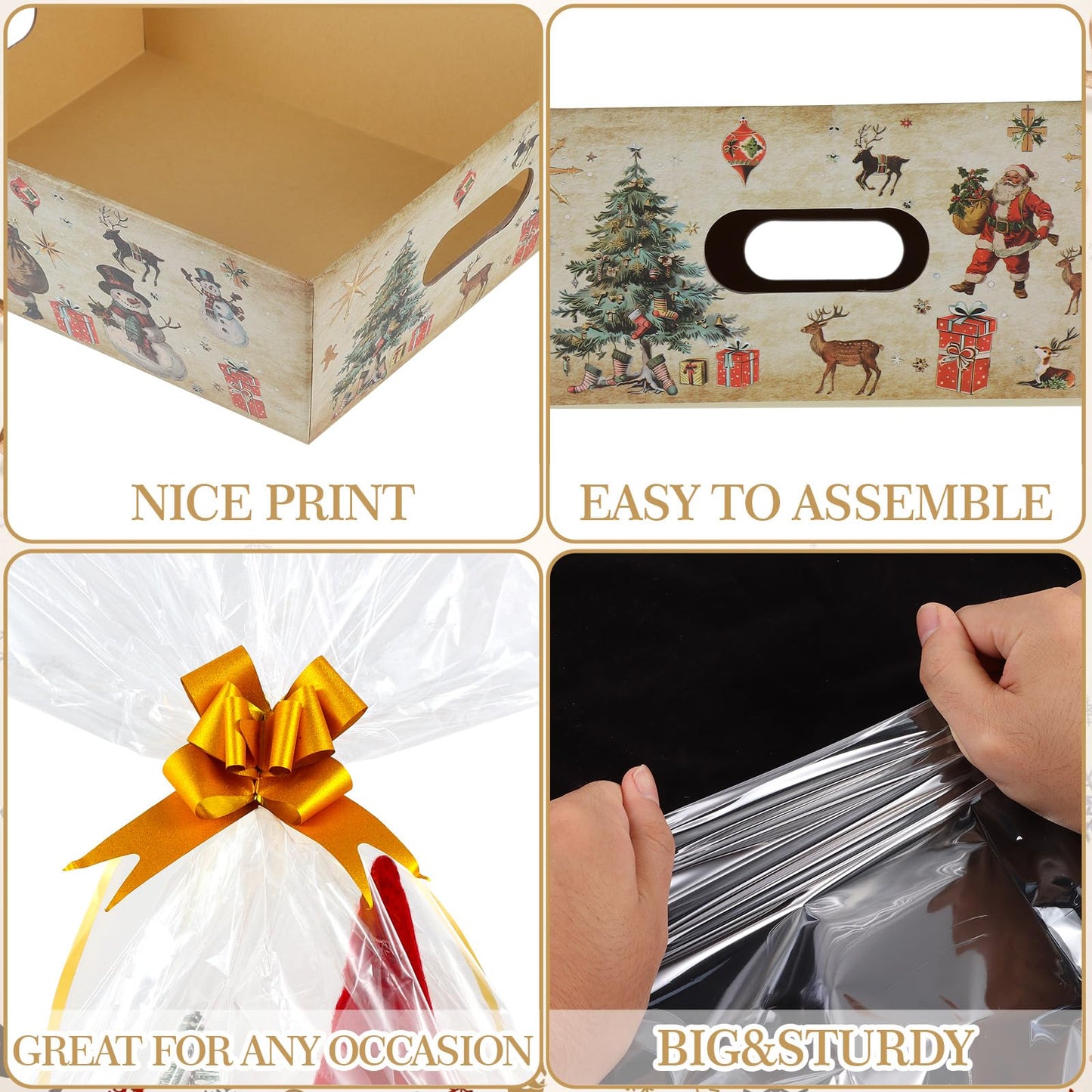 Kolewo4ever 36Pcs 12 Pack Christmas Basket Gifts Set 8x10'' Gifts Baskets for Gifts Empty to Fill with Baskets Empty, Vintage Style Xmas Basket Bags,Pull Bows for Christmas Holiday